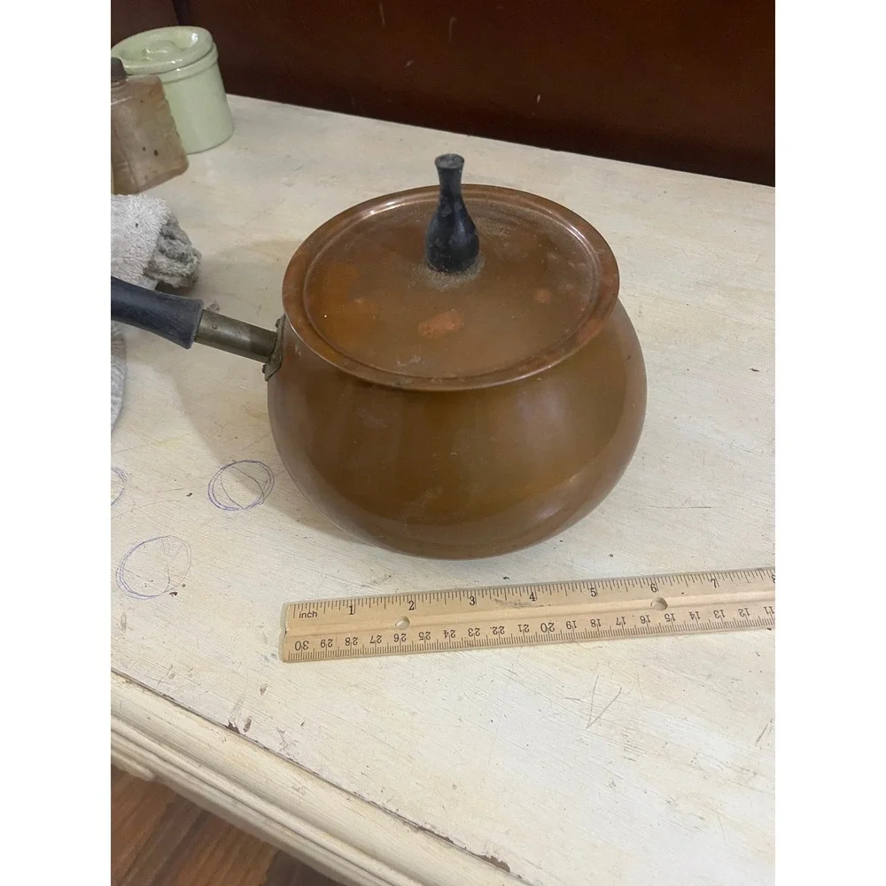 Vintage Copper Fondue Pot with Lid and Wooden Handle Rustic Kitchen Decor‎